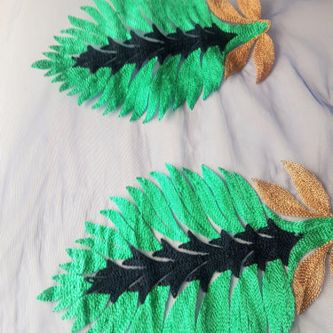 Blue Soft Net Lace Trim With Blue, Green And Gold Embroidered Leaves, Indian Trims